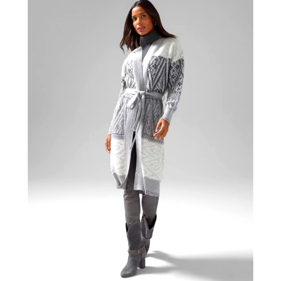 White House Black Market | Fair Isle Sequin Knit Sparkle Duster Cardigan - Picture 1 of 16